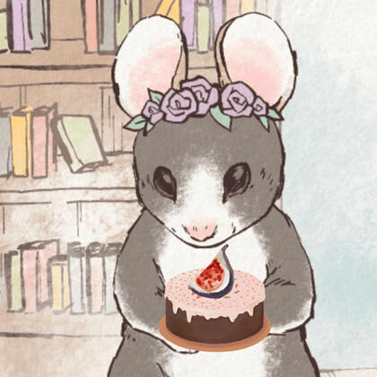 Illustration of a mouse with a flower crown and teacup in front of a bookcase