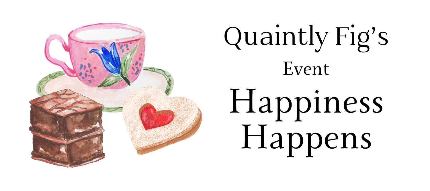 Text: Happiness Happens, a fluffy OFMD plot generator; Image: Watercolor illustration of a pink teacup with blue floral print on small plate, a brownie, and a heart-shaped cookie